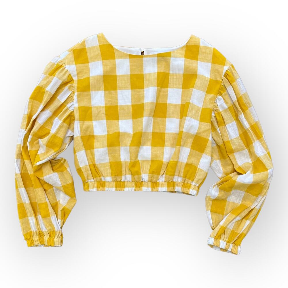 Sugar Lips Yellow White Boho‎ Preppy Gingham Crop Top Balloon Sleeves size M